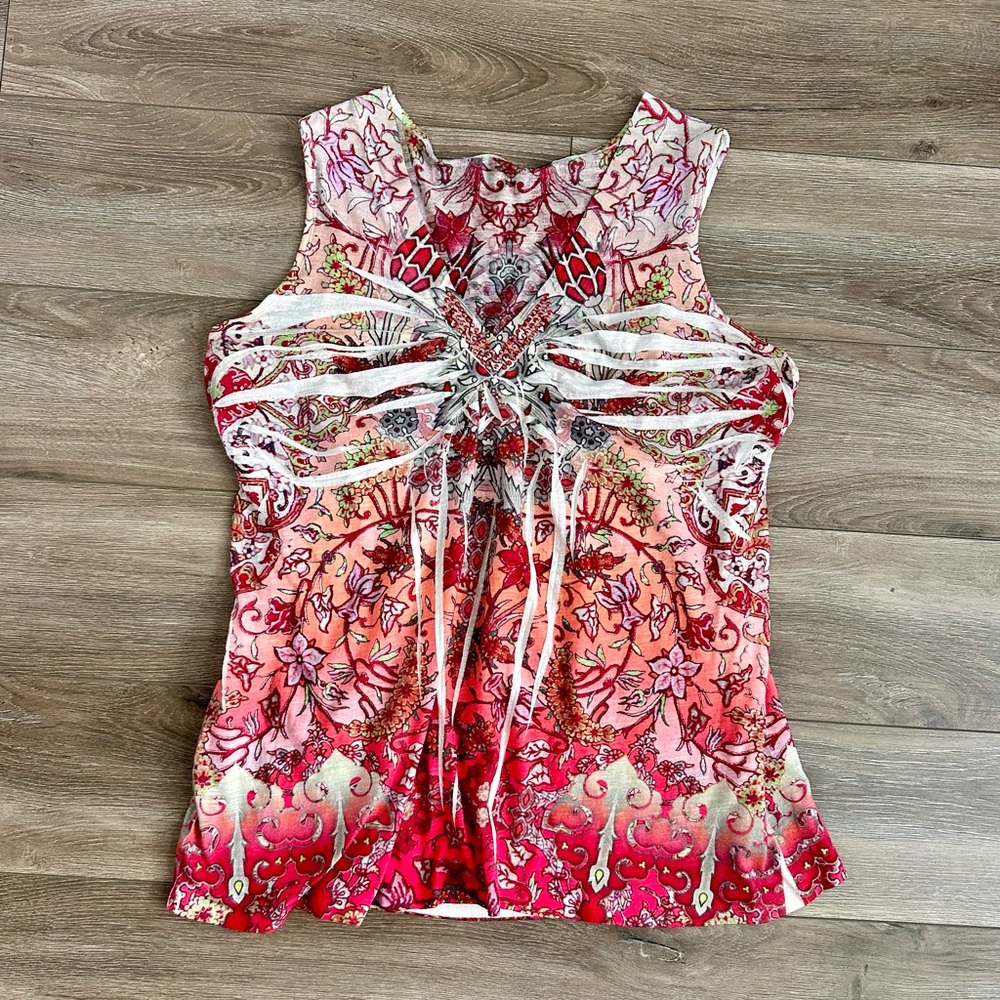 Apt. 9 Pink Red Floral Ruched Muscle Tank Top Size L Y2K Inspo Rhinestones Flowy